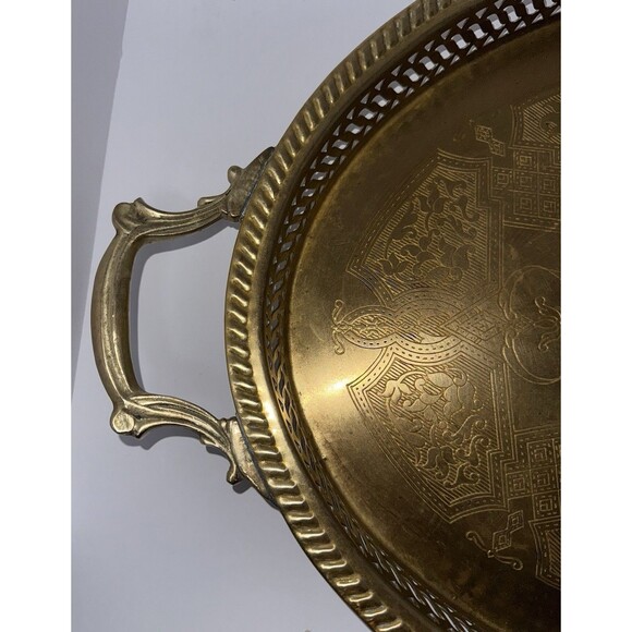 Large‎ Brass Platter 23” Hand Etched. Reticulated Trim W/ Intricate Handles VTG - Picture 2 of 6